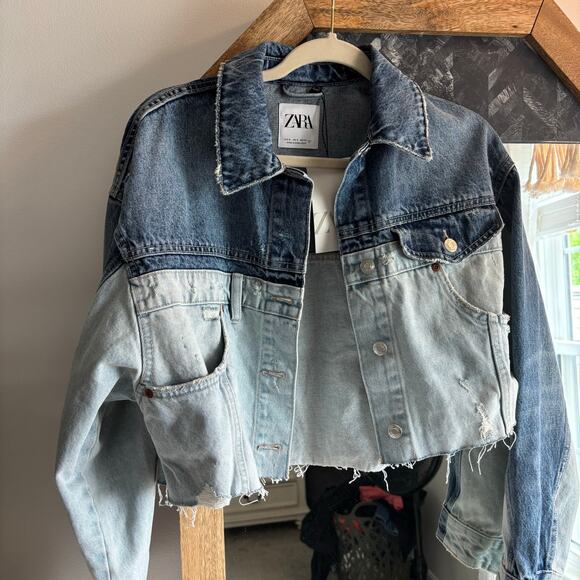 Zara Two Tone Cropped Denim Jacket - Picture 2 of 7